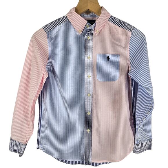 POLO RALPH LAUREN BOYS SEERSUCKER DRESS SHIRT SIZE M (10–12) PINK & BLUE STRIPES - Picture 1 of 9